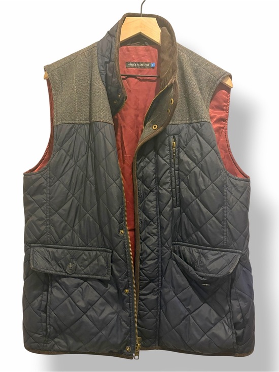 Vince Camuto Other - Vince Camuto Men Med Navy Quilted Vest Wool Blend Plaid Tweed Full Zip Puffer